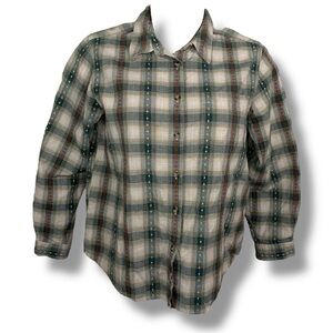Vintage XL Classic Elements Green Plaid Button Up Top Long Sleeve Cottagecore